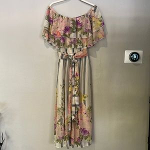 ASOS | Floral & Striped Off Shoulder Dress | Ruffle Neck | 2